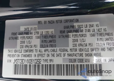 2022 Mazda Cx-9 Grand Touring z USA, uszkodzony, nr VIN JM3TCBDYXN0610292